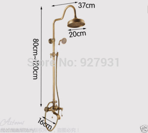 antique brass 8" rainfall bathroom shower faucet set wall mounted bath shower mixer set dual handle with handshower