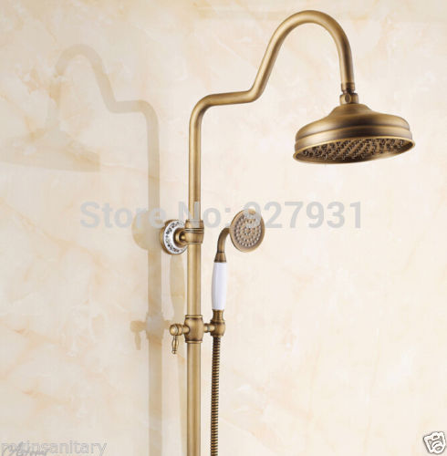 antique brass 8" rainfall bathroom shower faucet set wall mounted bath shower mixer set dual handle with handshower