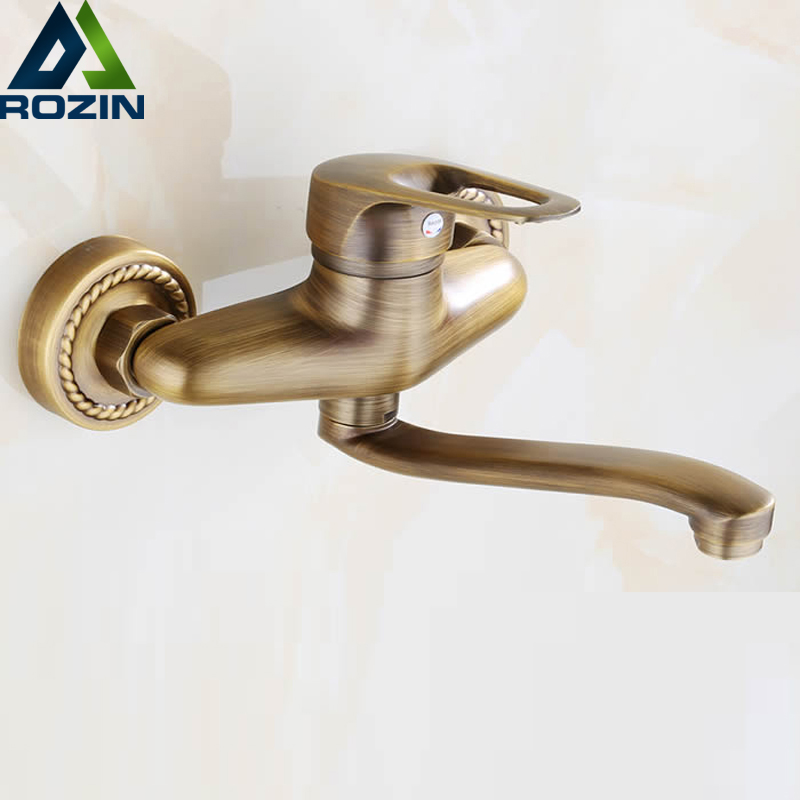 antique brass long spout kitchen faucet single handle dual hole wall mounted bathroom kitchen sink tap and cold water