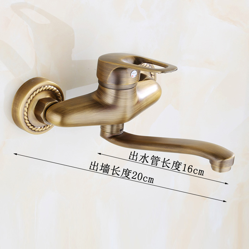 antique brass long spout kitchen faucet single handle dual hole wall mounted bathroom kitchen sink tap and cold water