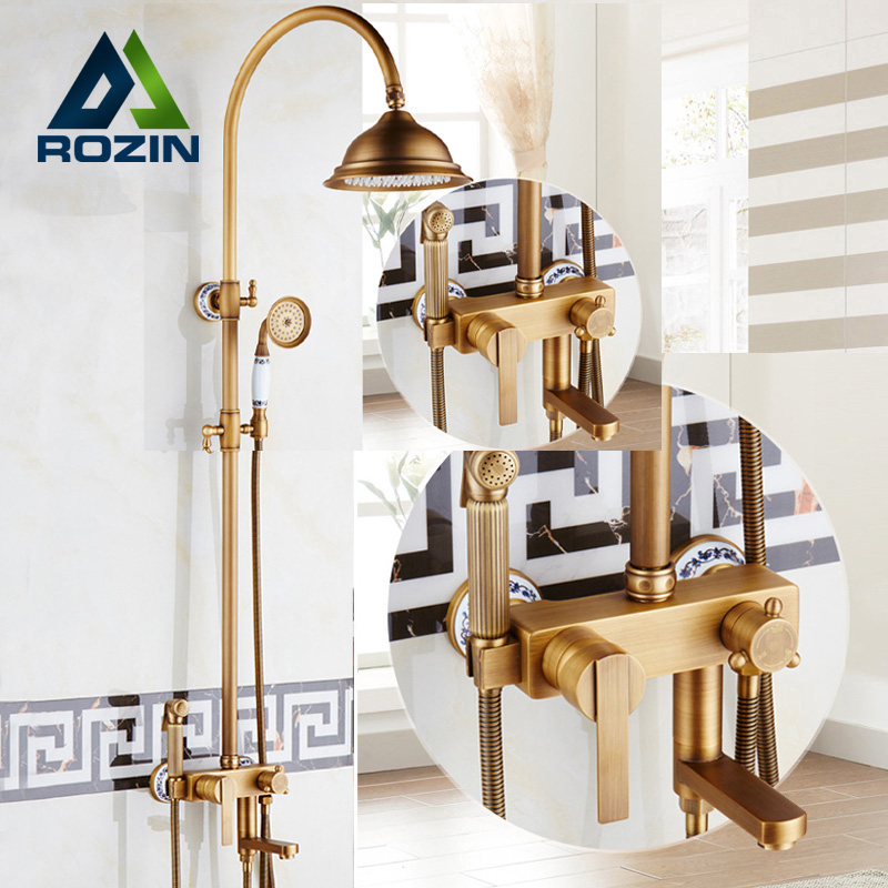 antique brass rainfall 8" shower faucet set single handle with bidet sprayer head bath shower mixers with hand shower wall mount