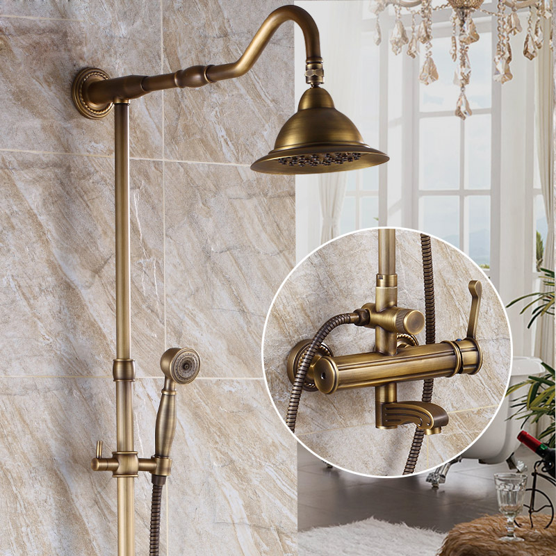 antique brass single handle brass mixer shower faucet wall mounted rainfall shower head bathtub spout shower mixer taps