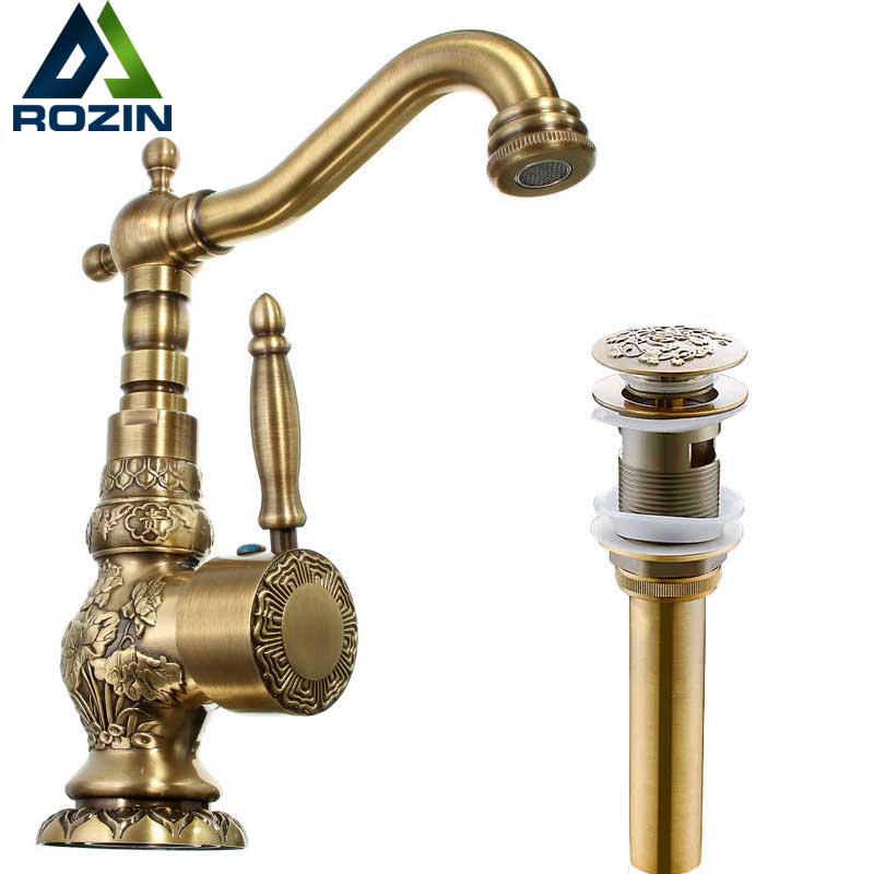 artistic bathroom rotate bathroom kitchen faucet single lever mixer taps antique brass pop up drain w/ overflow