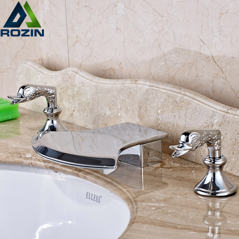 ax shape waterfall basin faucet dual handle brass chrome bathroom mixes deck mount and cold tap