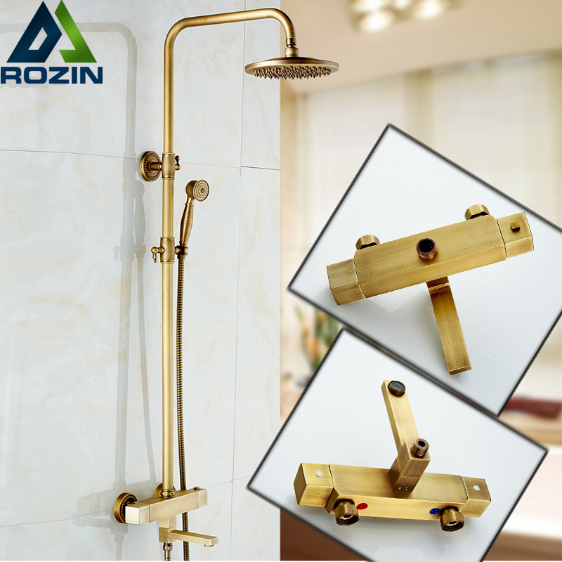 bathroom rainfall antique brass thermostatic shower set mixer tap dual handle shower faucet