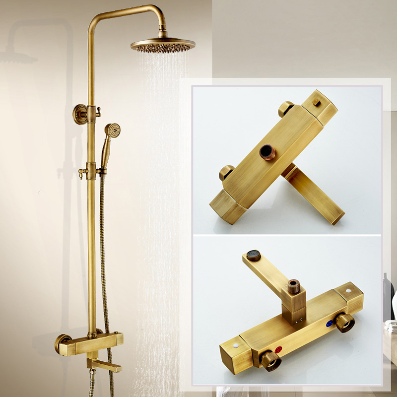 bathroom rainfall antique brass thermostatic shower set mixer tap dual handle shower faucet