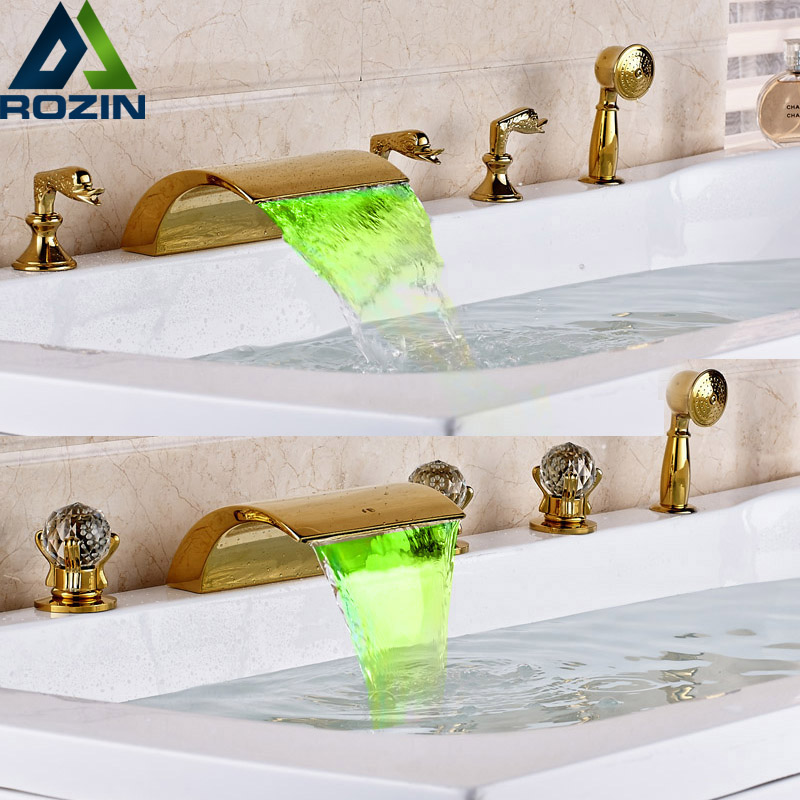 brand new golden brass bath tub sink faucet widespread led light waterfall spout with handshower bathtub filler