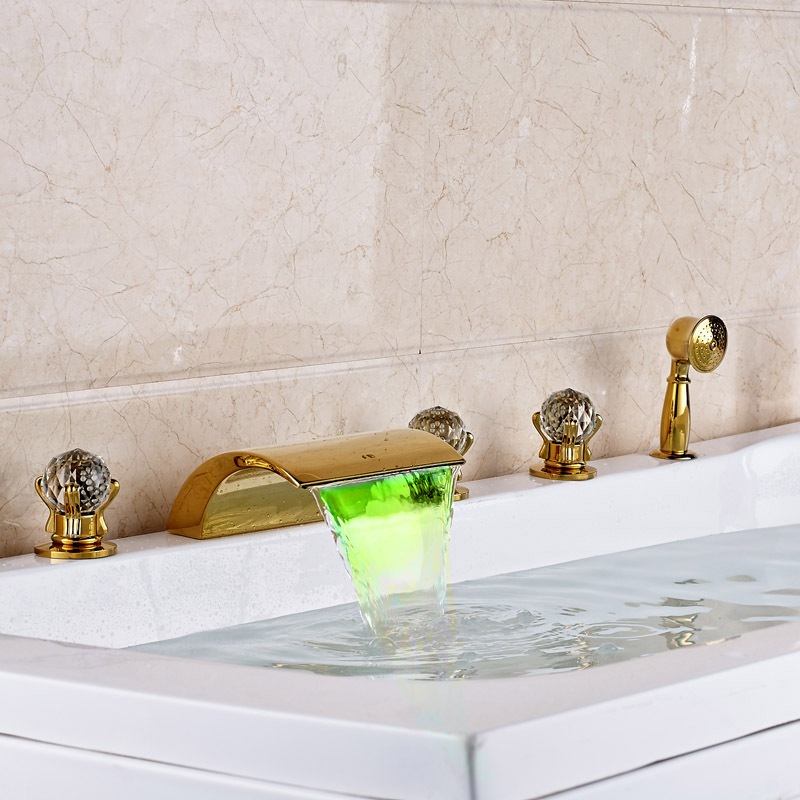 brand new golden brass bath tub sink faucet widespread led light waterfall spout with handshower bathtub filler