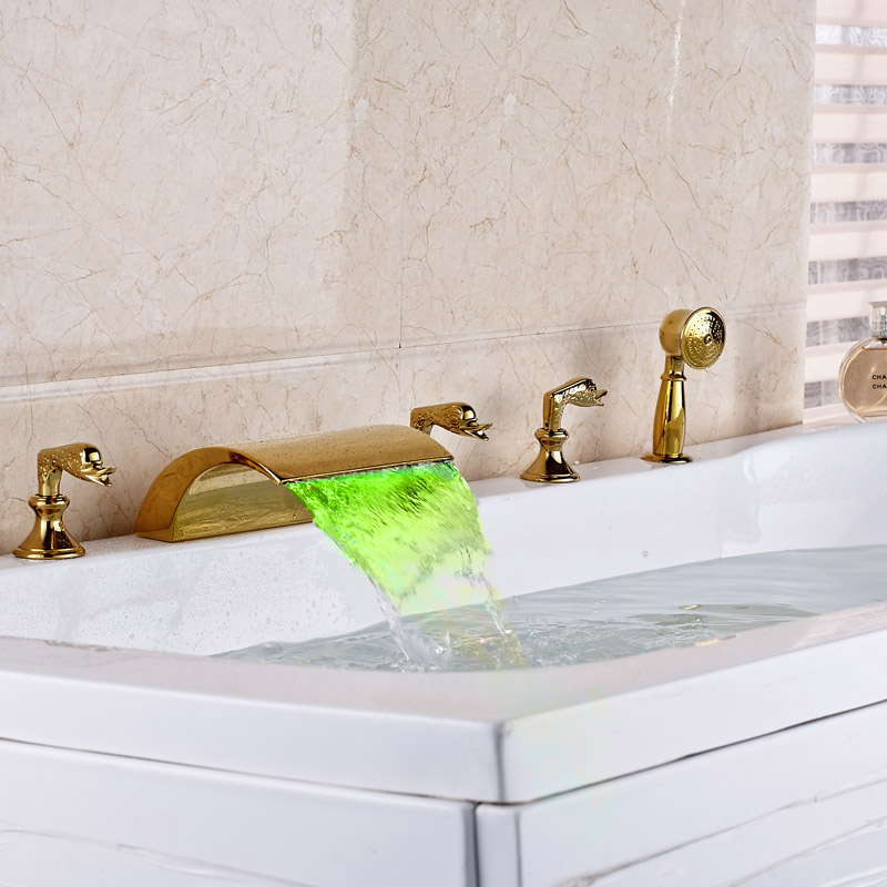 brand new golden brass bath tub sink faucet widespread led light waterfall spout with handshower bathtub filler