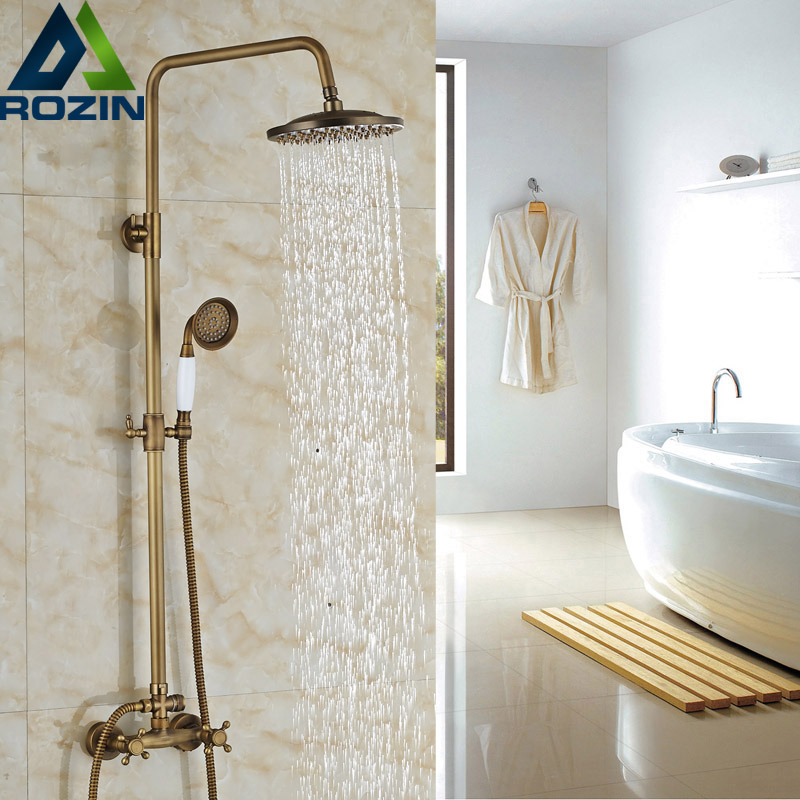 brass antique 8" rain & handheld shower faucet set wall mounted shower system dual handles