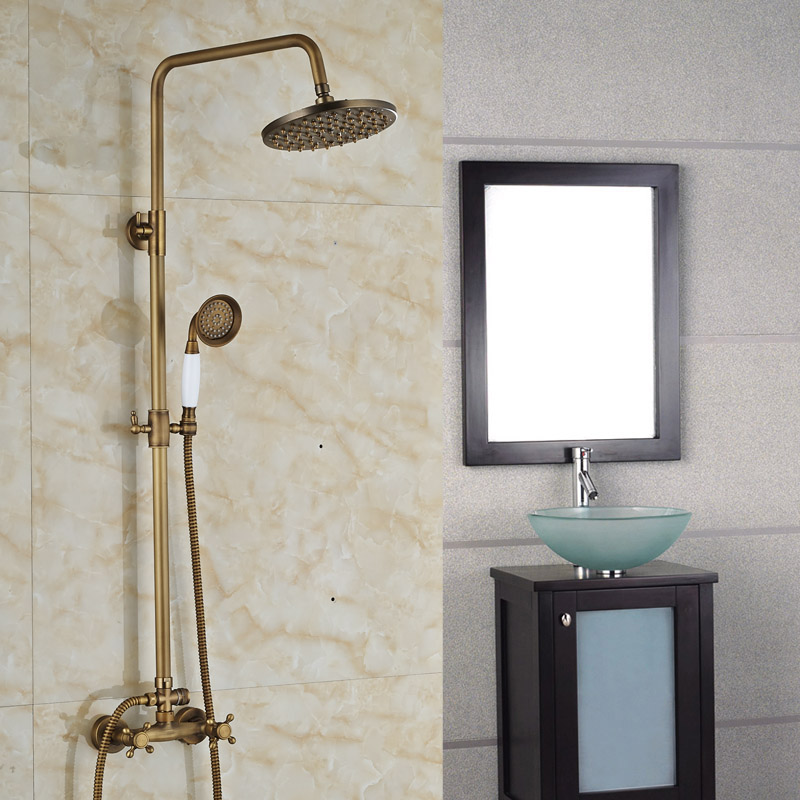 brass antique 8" rain & handheld shower faucet set wall mounted shower system dual handles