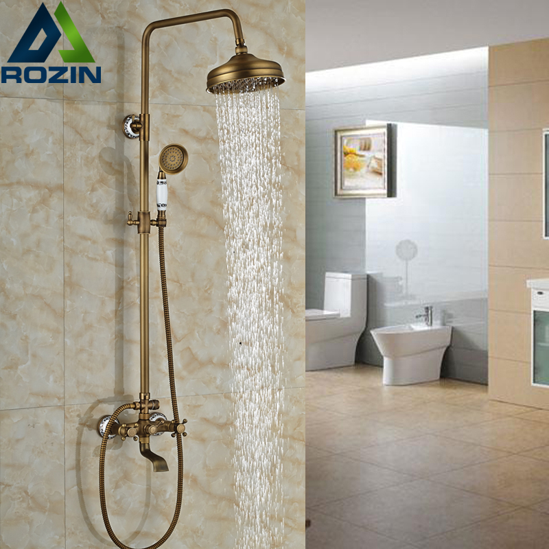 brass antique dual cross handles 8" rain shower set wall mounted swivel tub filler shower mixer taps with hand shower