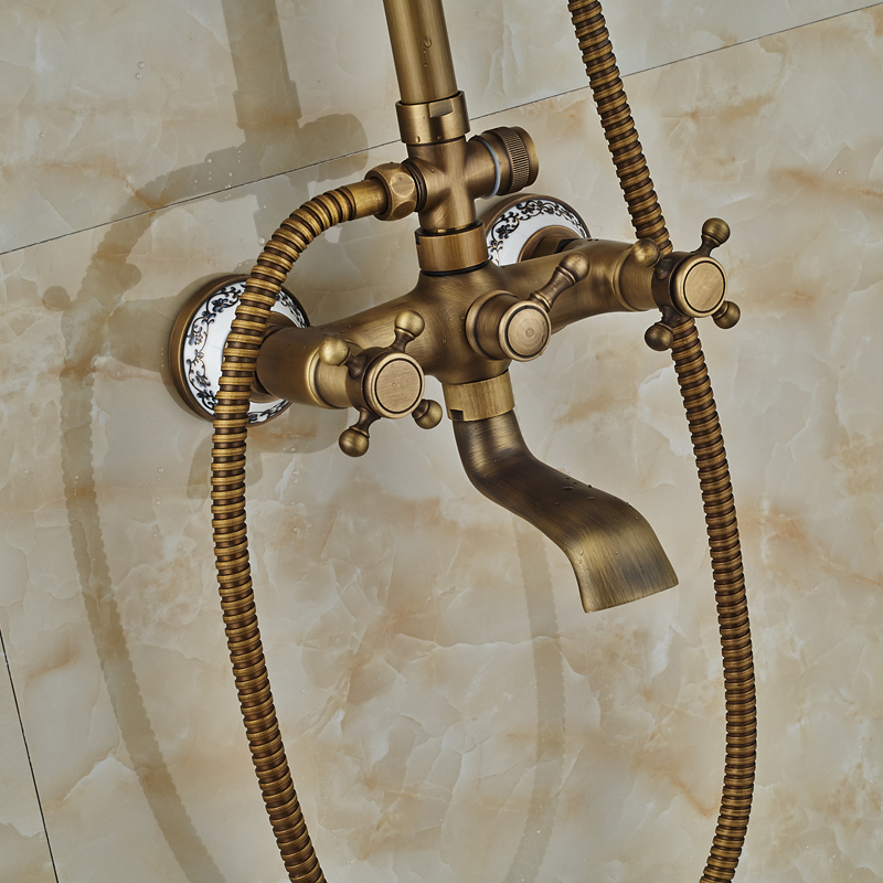 brass antique dual cross handles 8" rain shower set wall mounted swivel tub filler shower mixer taps with hand shower