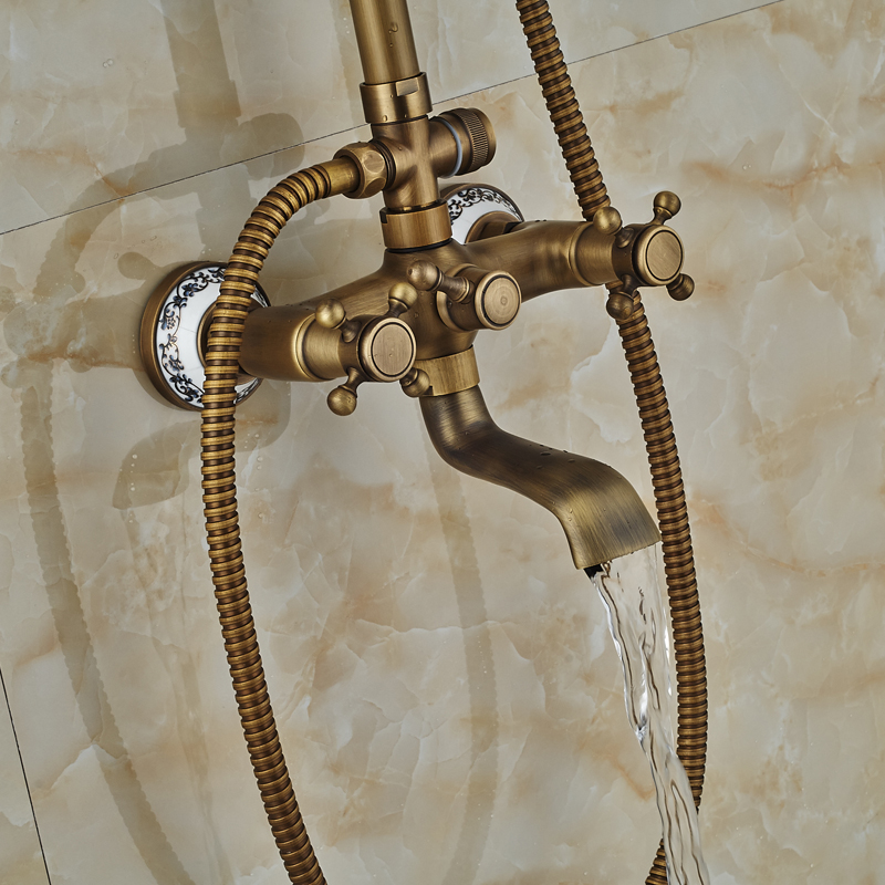 brass antique dual cross handles 8" rain shower set wall mounted swivel tub filler shower mixer taps with hand shower