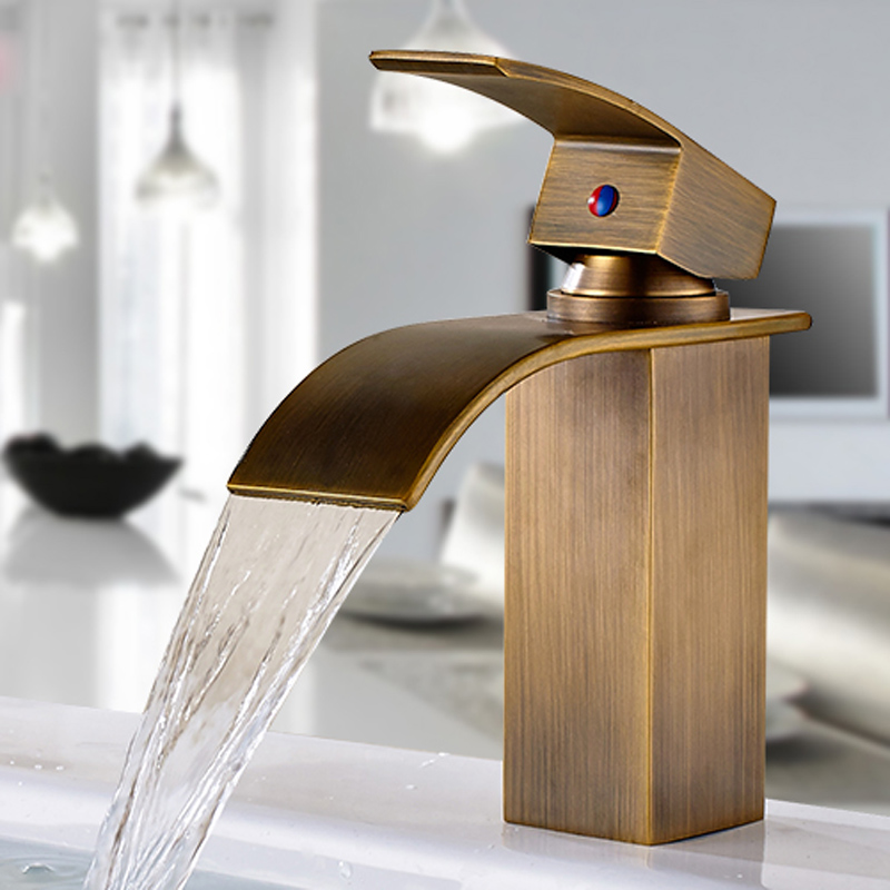 brass antique waterfall basin faucet bathroom vanity sink mixer tap single handle