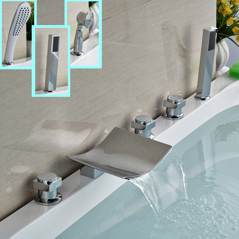 brass chrome 3-model waterfall tub filler deck mount 5pcs bathroom bathtub mixer faucet deck mounted