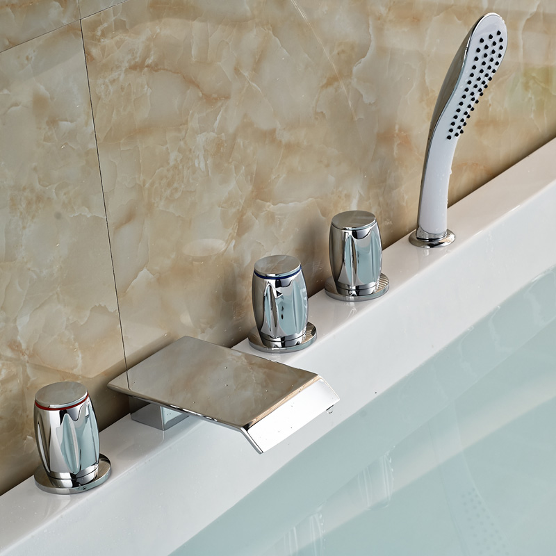 brass chrome bathtub waterfall faucet bathroom deck mount widespread mixer tap with handshower sprayer