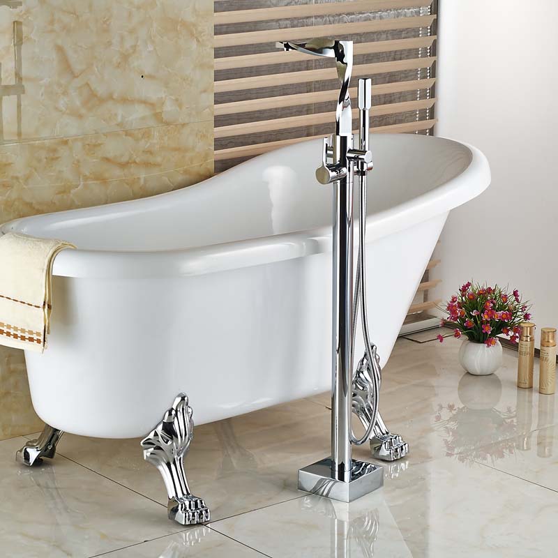 brass chrome standing clawfoot bath tub faucet floor mounted dual handles bathtub filler w/ handshower