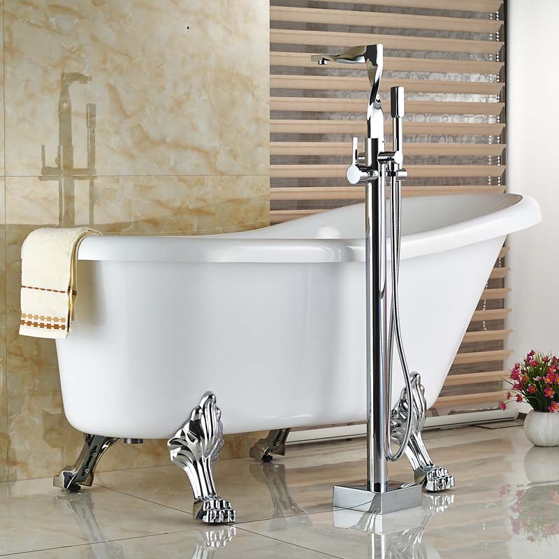 brass chrome standing clawfoot bath tub faucet floor mounted dual handles bathtub filler w/ handshower