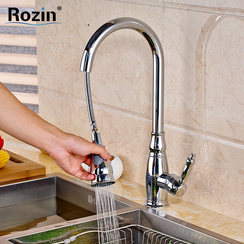 bright chrome bathroom kitchen faucet pull out sprayer deck mounted kitchen sink mixer taps single handle one hole