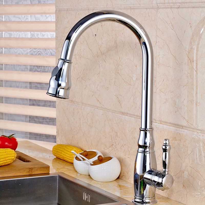 bright chrome bathroom kitchen faucet pull out sprayer deck mounted kitchen sink mixer taps single handle one hole