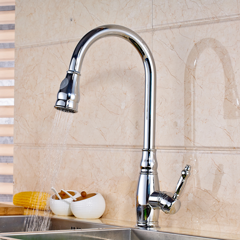 bright chrome bathroom kitchen faucet pull out sprayer deck mounted kitchen sink mixer taps single handle one hole