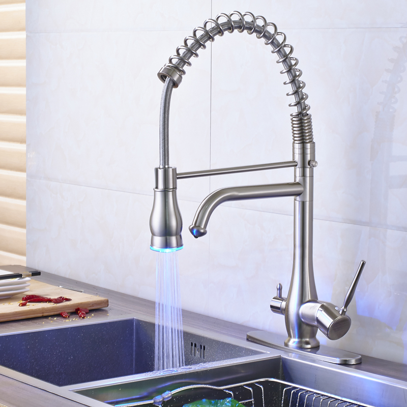 brushed nickel led light hand sprayer kitchen sink faucet deck mounted dual spout kitchen sink water purifier mixer drinking tap