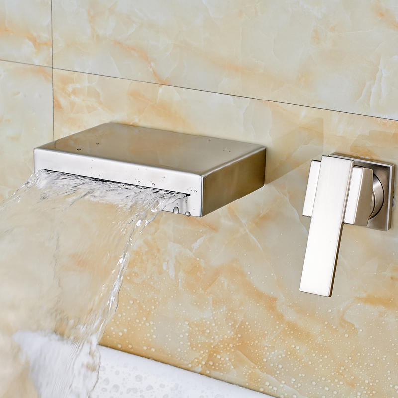 brushed nickel wall mounted bathroom waterfall and cold basin sink faucet single handle dual hole water taps