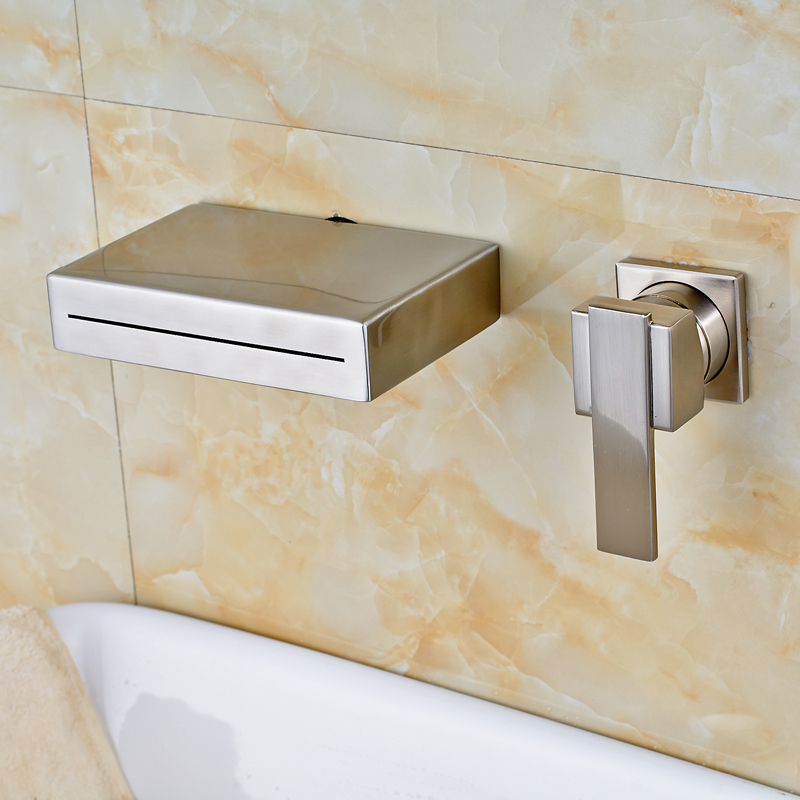 brushed nickel wall mounted bathroom waterfall and cold basin sink faucet single handle dual hole water taps