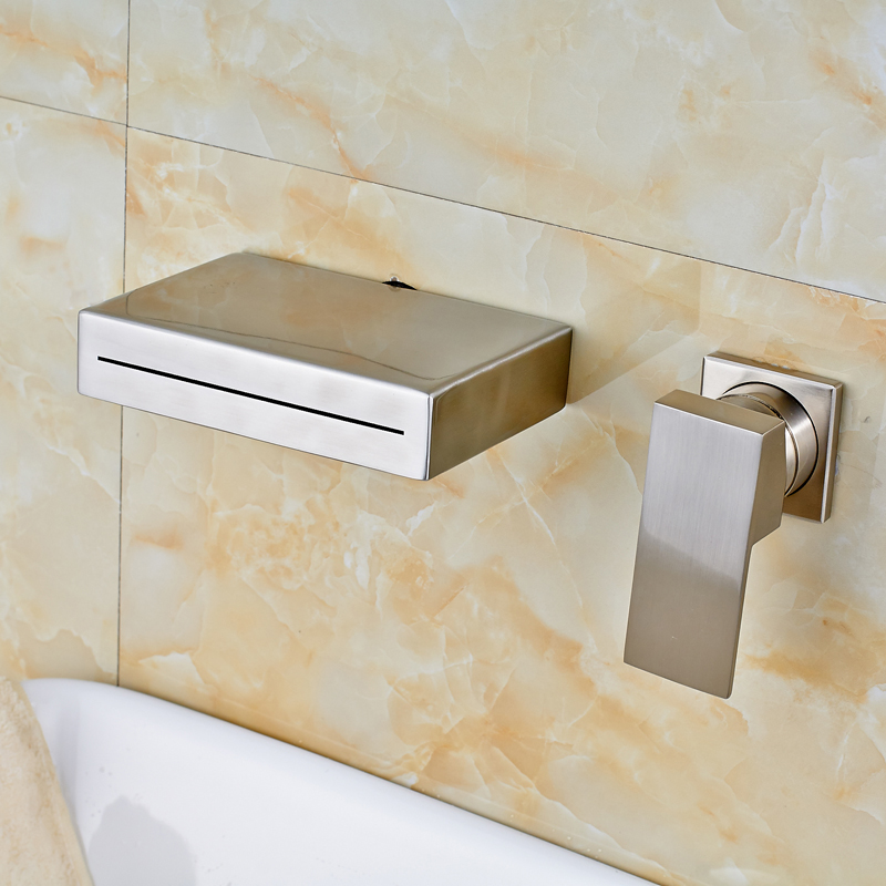 brushed nickel wall mounted bathroom waterfall and cold basin sink faucet single handle dual hole water taps