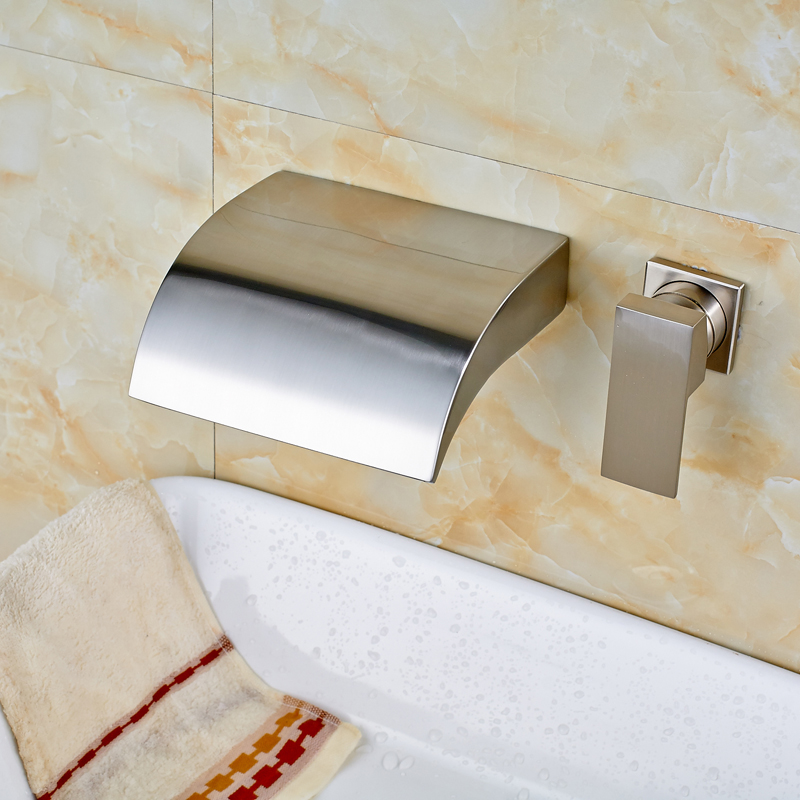 brushed nickel wall mounted waterfall bathroom and cold water sink faucet dual hole mixer taps