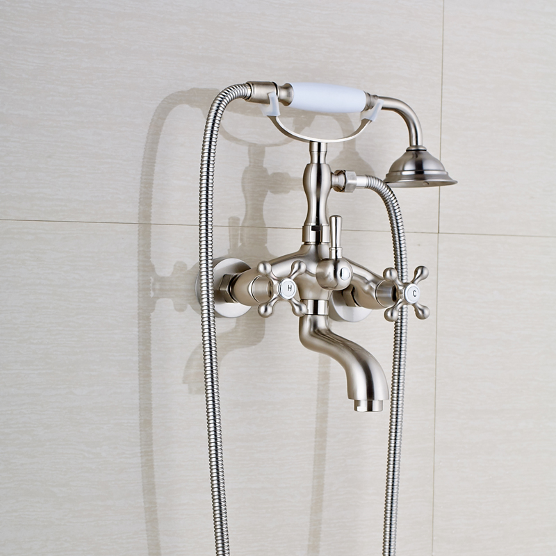 brushed nickel wall mountedt bathtub faucet set dual handle with hand shower swivel tub spout