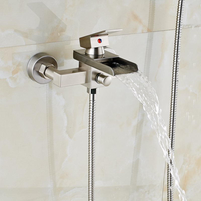 brushed nickel waterfall bath shower mixer taps wall mounted single handle handheld shower faucet + 150cm hose + bracket