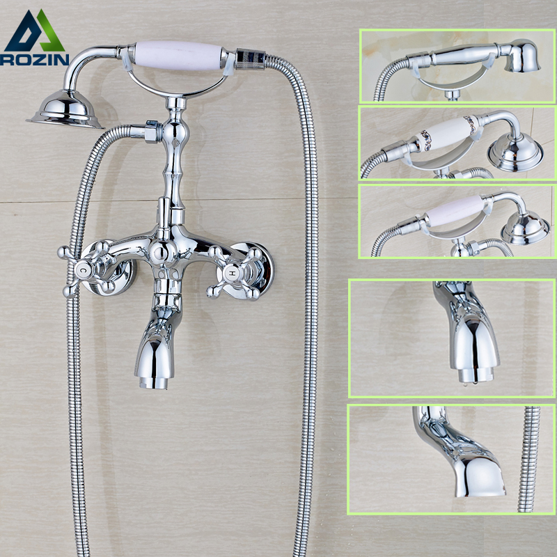 chrome finished bathroom tub mixer taps telephone style wall mounted cold and water bathtub & shower faucet handshower