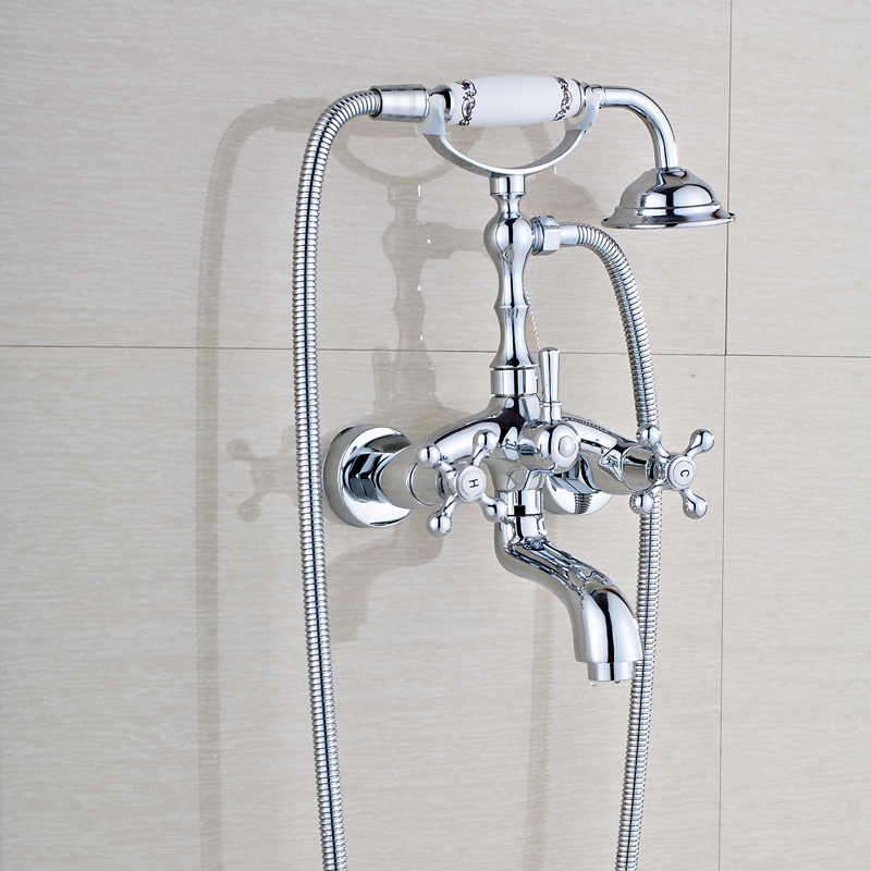 chrome finished bathroom tub mixer taps telephone style wall mounted cold and water bathtub & shower faucet handshower