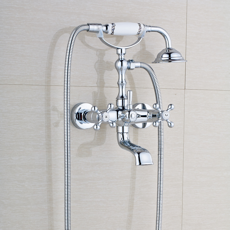 chrome finished bathroom tub mixer taps telephone style wall mounted cold and water bathtub & shower faucet handshower