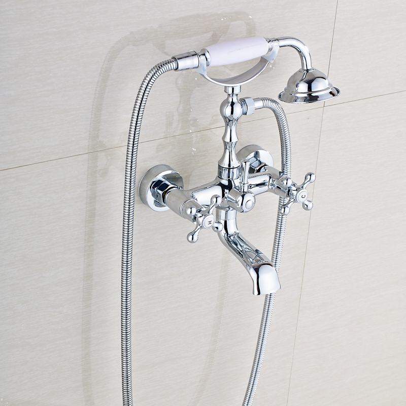 chrome finished bathroom tub mixer taps telephone style wall mounted cold and water bathtub & shower faucet handshower