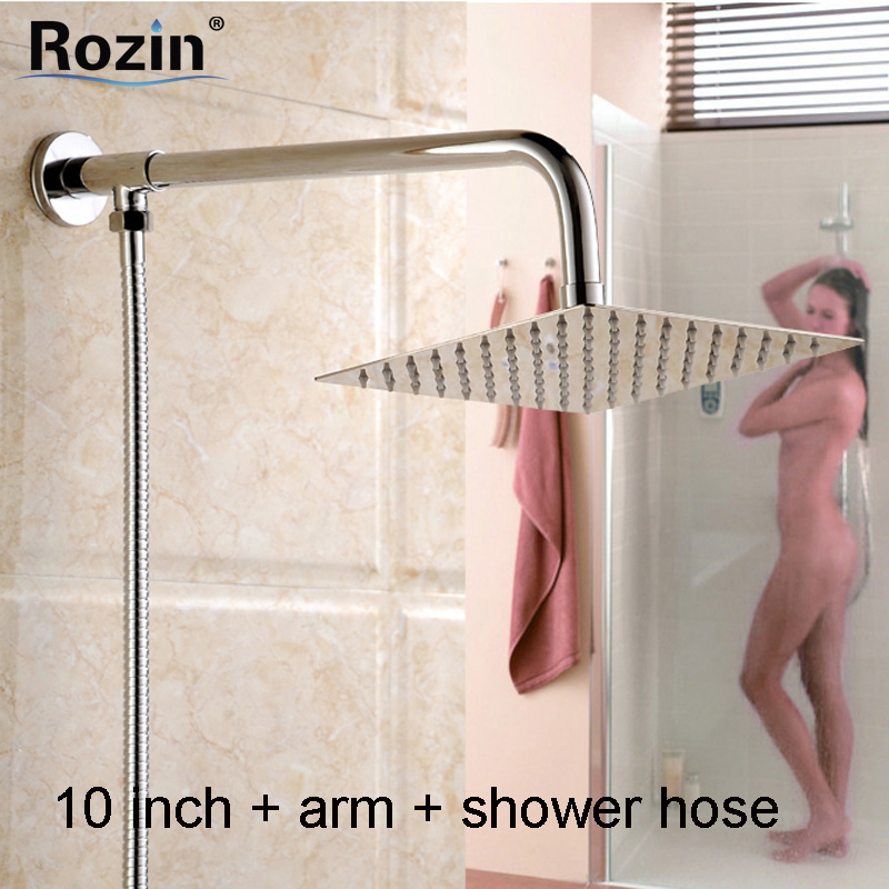 chrome finished ultrathin brass 10" rainfall shower head + shower arm + stainless steel shower hose