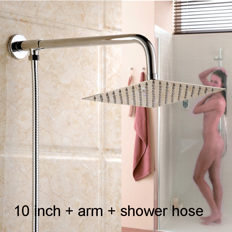 chrome finished ultrathin brass 10" rainfall shower head + shower arm + stainless steel shower hose