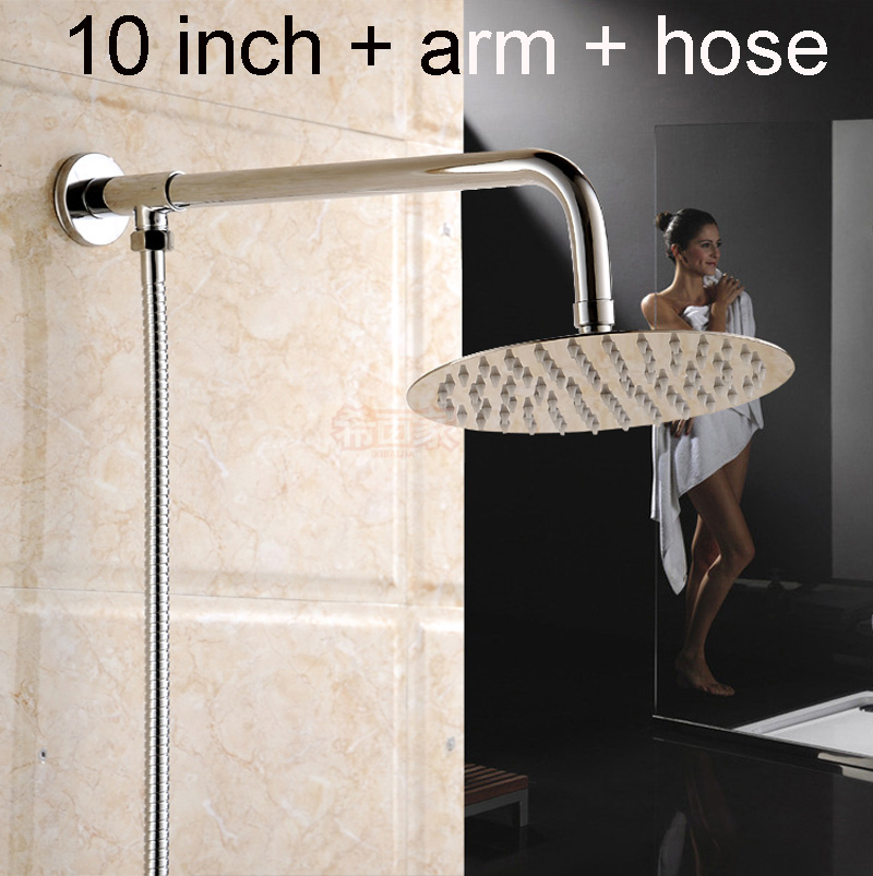 chrome finished ultrathin brass 10" rainfall shower head + shower arm + stainless steel shower hose