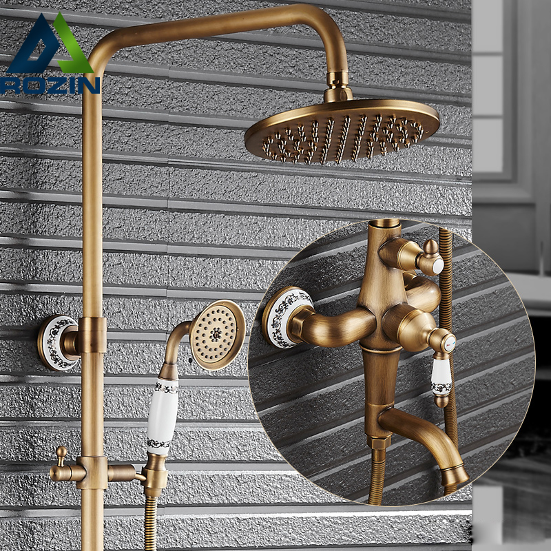 classic bathroom shower faucet 8"antique brass adjust height in-wall shower bath bathroom shower complete set