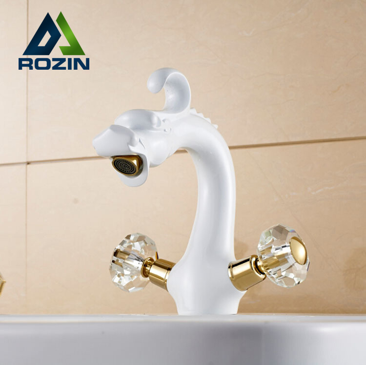 creative dragon style dual cristal handles basin faucet deck mount and cold mixer tap for bathroom white color