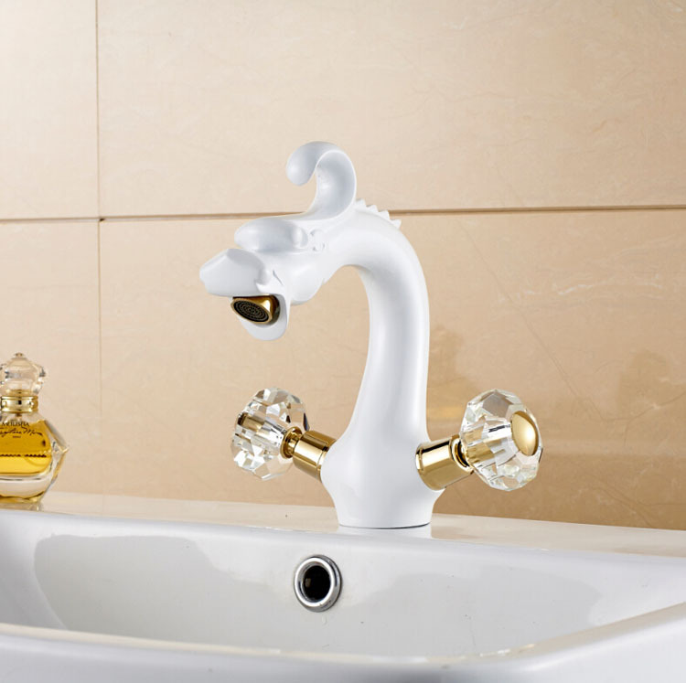 creative dragon style dual cristal handles basin faucet deck mount and cold mixer tap for bathroom white color