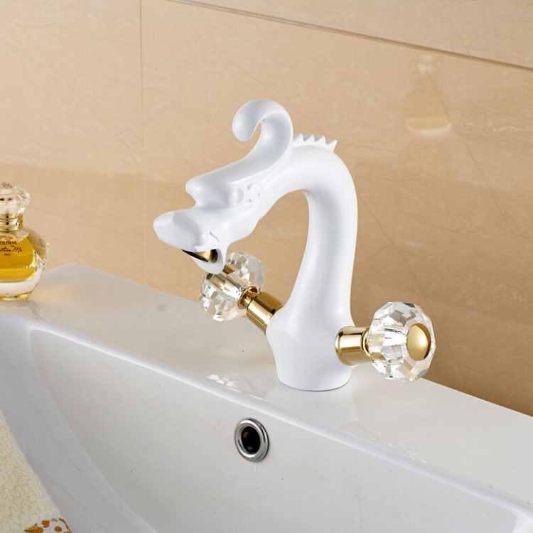 creative dragon style dual cristal handles basin faucet deck mount and cold mixer tap for bathroom white color