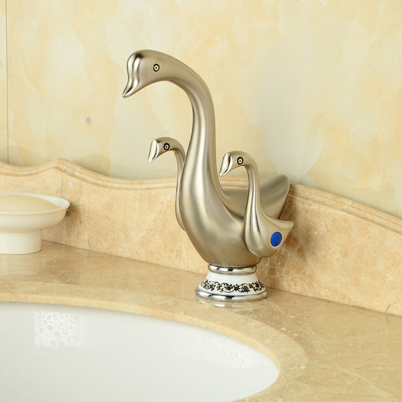 cute duck shape deck mount two handle one hole basin faucet brushed nickel bathroom cold water taps