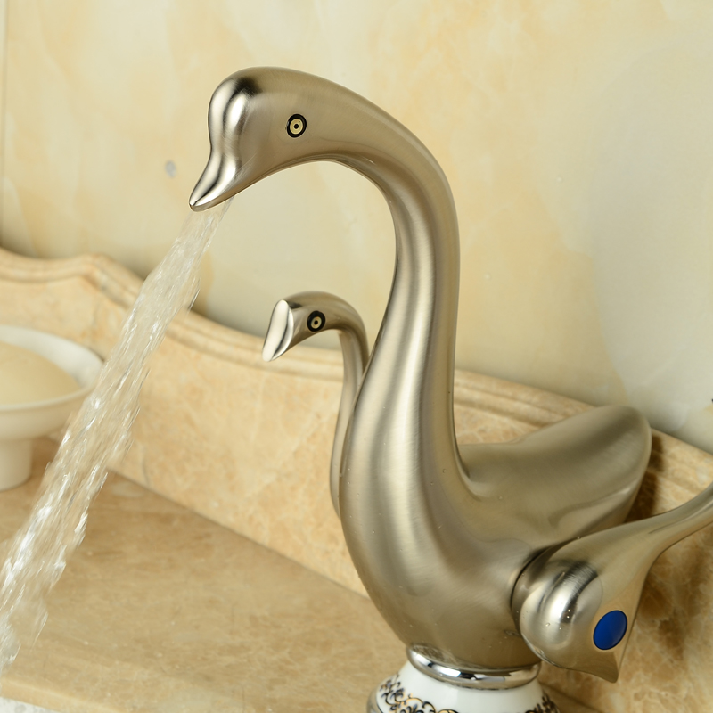 cute duck shape deck mount two handle one hole basin faucet brushed nickel bathroom cold water taps