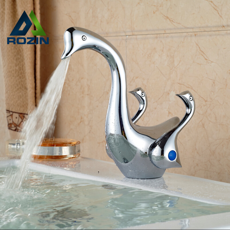 cute goose shape basin vessel sink faucet dual wing with and cold water sanitary mixer tap chrome finish