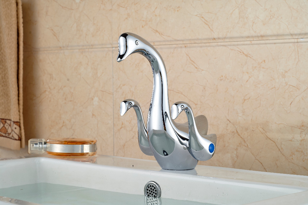 cute goose shape basin vessel sink faucet dual wing with and cold water sanitary mixer tap chrome finish