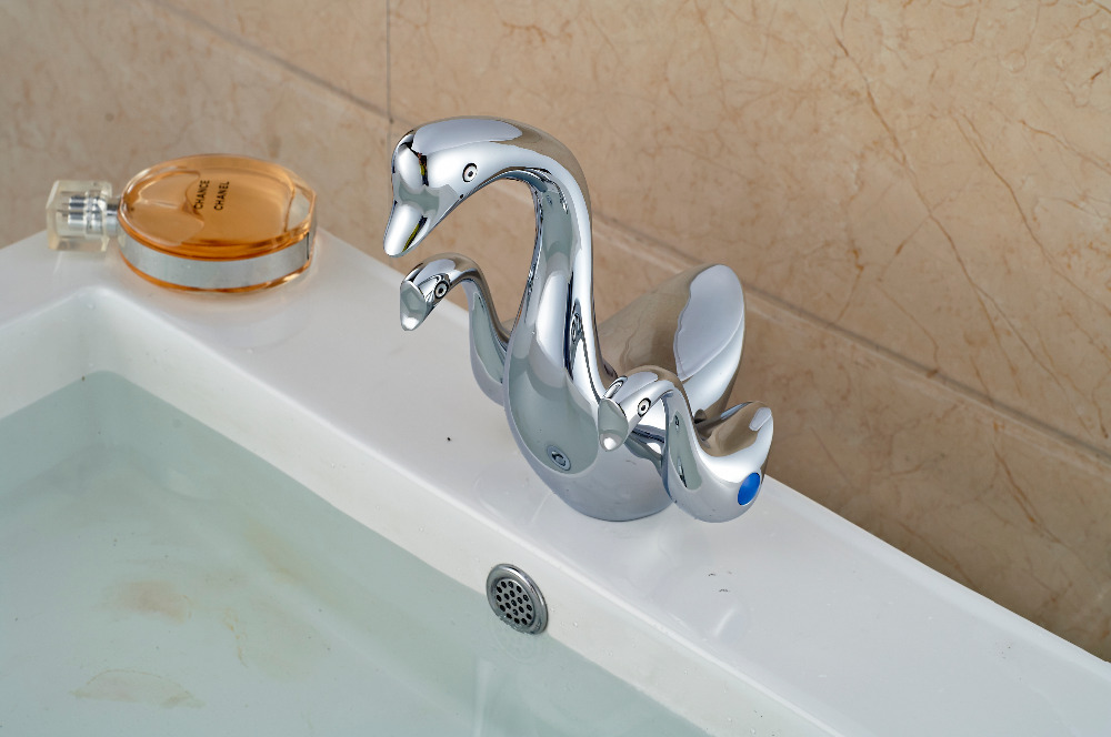 cute goose shape basin vessel sink faucet dual wing with and cold water sanitary mixer tap chrome finish