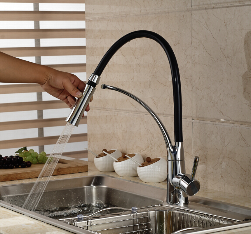 deck mount black hose kitchen mixer taps single handle stream sprayer kitchen faucet chrome finish with bracket